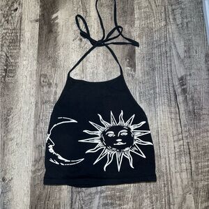 Black Halter Top with Sun and Moon Design